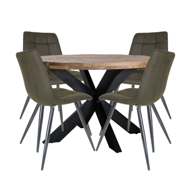 Home67 Set - Eettafel Bob ø130 cm + 4 x Eetkamerstoel Galgary - Army Green
