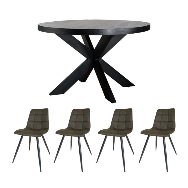 Home67 Set - Eettafel Bob Zwart Mangohout ø130 cm + 4 x Eetkamerstoel Galgary - Army Green