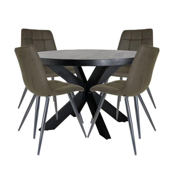 Home67 Set - Eettafel Bob Zwart Mangohout ø130 cm + 4 x Eetkamerstoel Galgary - Army Green