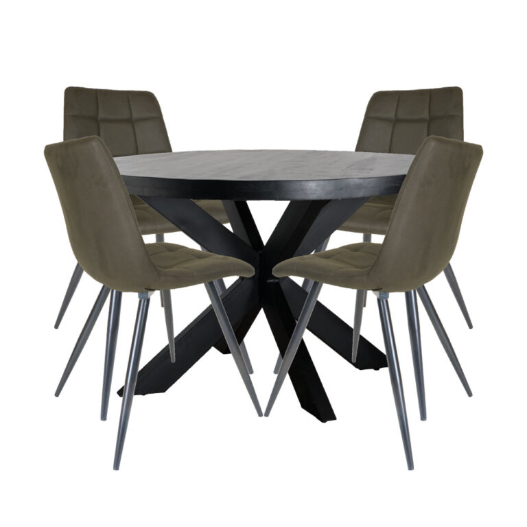 Home67 Set - Eettafel Bob Zwart Mangohout ø130 cm + 4 x Eetkamerstoel Galgary - Army Green
