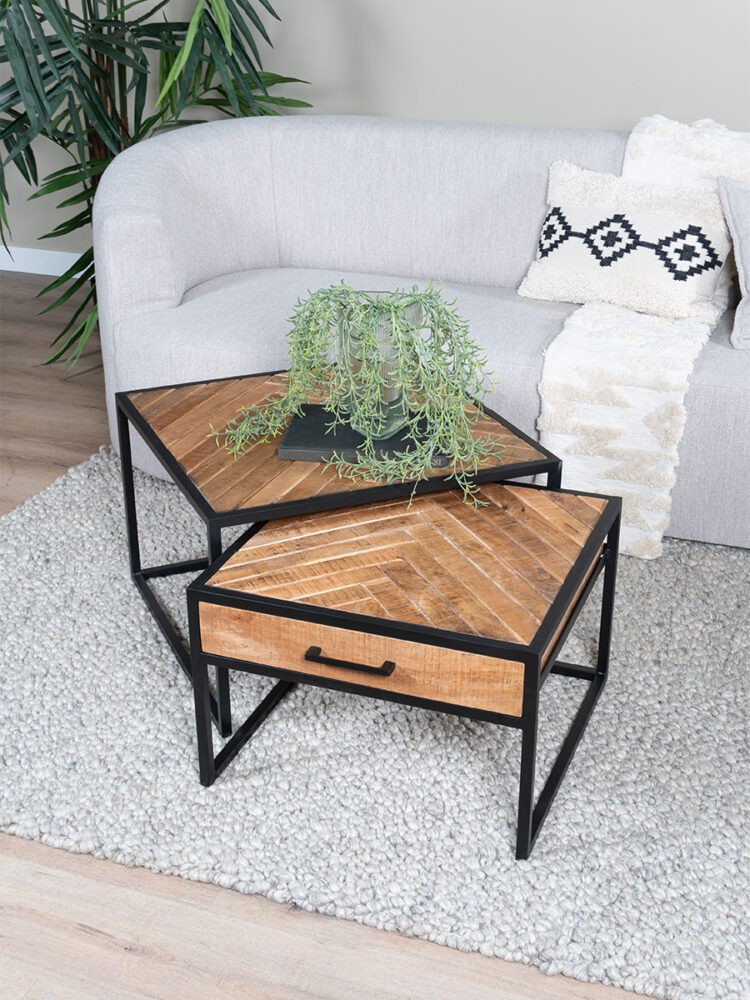 Salontafel Ruby Visgraat - Bruin Mangohout - Set van 2