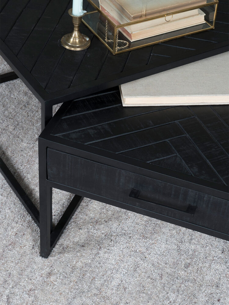 Salontafel Ruby Visgraat - Zwart Mangohout - Set van 2
