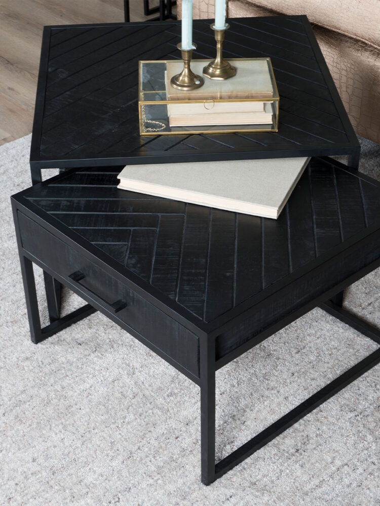 Salontafel Ruby Visgraat - Zwart Mangohout - Set van 2