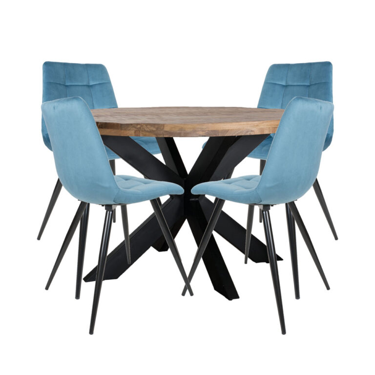 Home67 Set - Eettafel Bob ø130 cm + 4 x Eetkamerstoel Galgary - Velvet Petrol