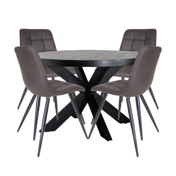 Home67 Set - Eettafel Bob Zwart Mangohout ø130 cm + 4 x Eetkamerstoel Galgary - Antraciet