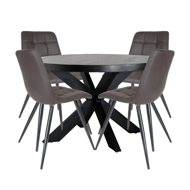 Home67 Set - Eettafel Bob Zwart Mangohout ø130 cm + 4 x Eetkamerstoel Galgary - Antraciet