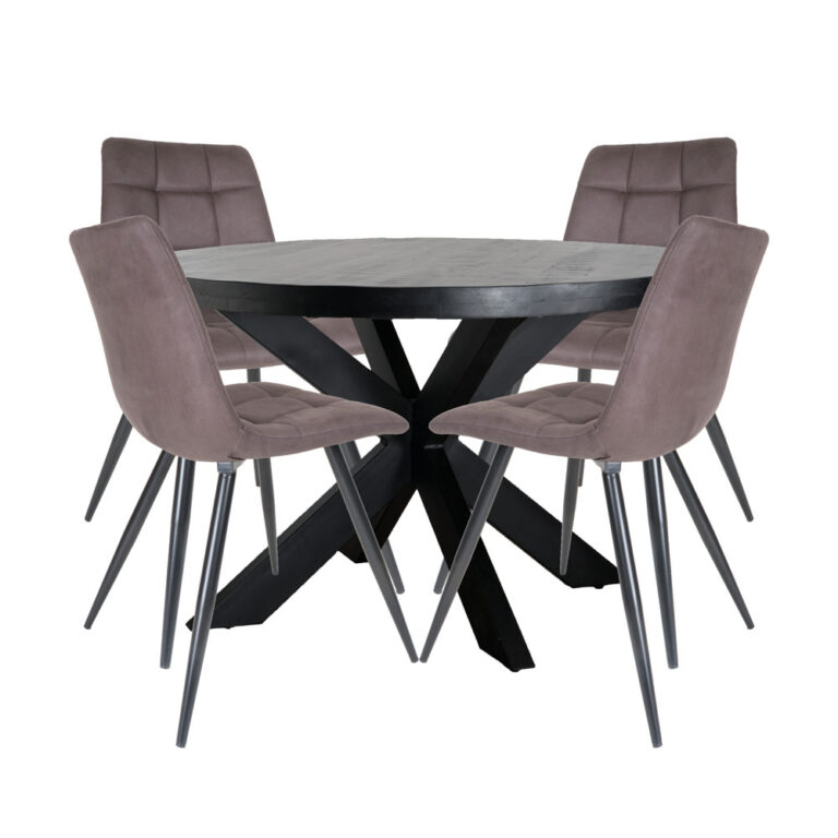 Home67 Set - Eettafel Bob Zwart Mangohout ø130 cm + 4 x Eetkamerstoel Galgary - Clay