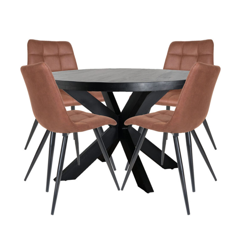 Home67 Set - Eettafel Bob Zwart Mangohout ø130 cm + 4 x Eetkamerstoel Galgary - Cognac