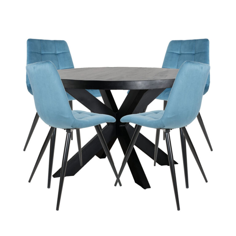 Home67 Set - Eettafel Bob Zwart Mangohout ø130 cm + 4 x Eetkamerstoel Galgary - Velvet Petrol