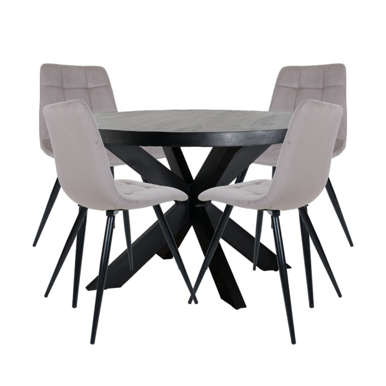 Home67 Set - Eettafel Bob Zwart Mangohout ø130 cm + 4 x Eetkamerstoel Galgary - Velvet Taupe