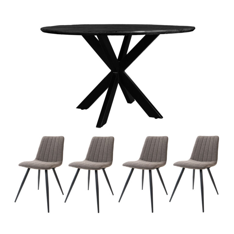 Set - Eettafel Icon Zwart ø130 cm + 4 x Eetkamerstoel Joppe Brown