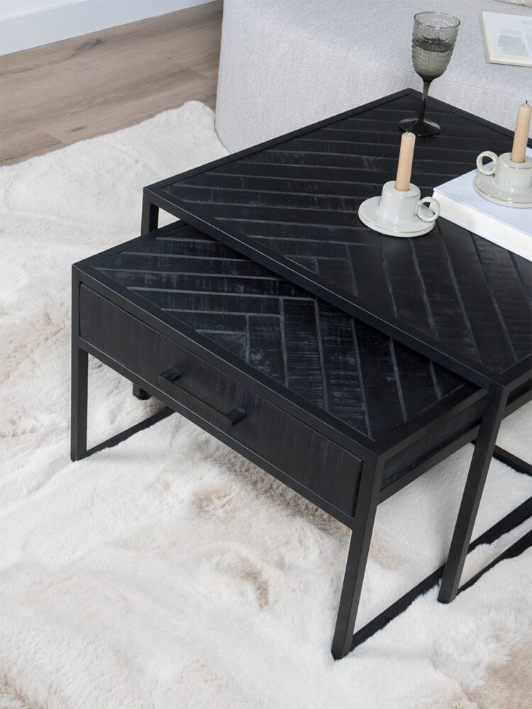 Salontafel Ruby Visgraat - Zwart Mangohout - Set van 2